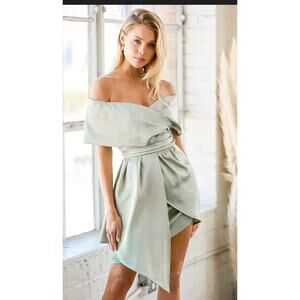 Lulu's Sage Green Off-Shoulder Satin Midi Dress